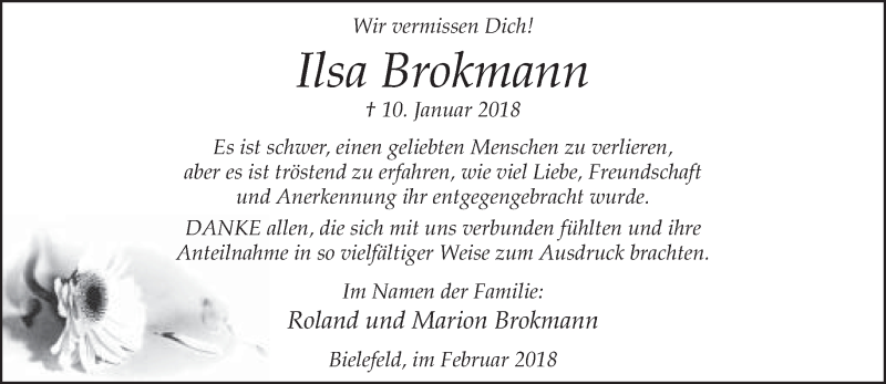  Traueranzeige für Ilsa Brokmann vom 17.02.2018 aus Neue Westfälische