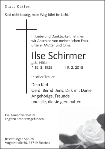 Traueranzeige von Ilse Schirmer von Neue Westfälische