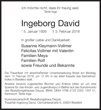 Traueranzeige von Ingeborg David von Neue Westfälische