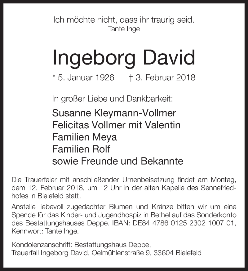 Traueranzeige für Ingeborg David vom 07.02.2018 aus Neue Westfälische