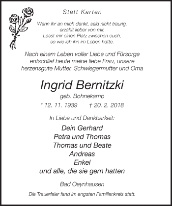 Traueranzeige von Ingrid Bernitzki von Neue Westfälische