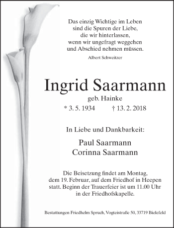 Traueranzeige von Ingrid Saarmann von Neue Westfälische