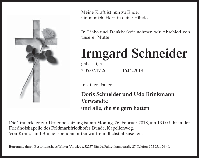  Traueranzeige für Irmgard Schneider vom 21.02.2018 aus Neue Westfälische