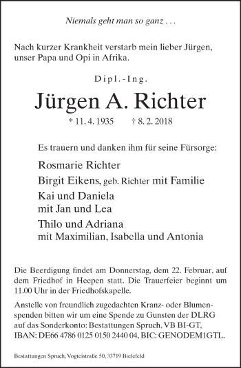 Traueranzeige von Jürgen A. Richter von Neue Westfälische