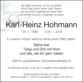 Traueranzeige von Karl-Heinz Hohmann von Neue Westfälische