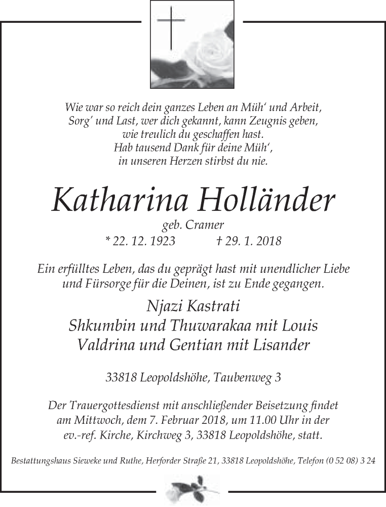  Traueranzeige für Katharina Holländer vom 03.02.2018 aus Neue Westfälische