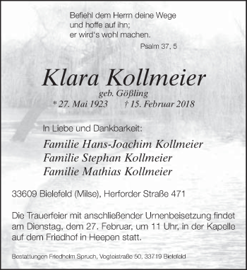 Traueranzeige von Klara Kollmeier von Neue Westfälische