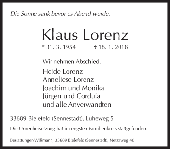 Traueranzeige von Klaus Lorenz von Neue Westfälische