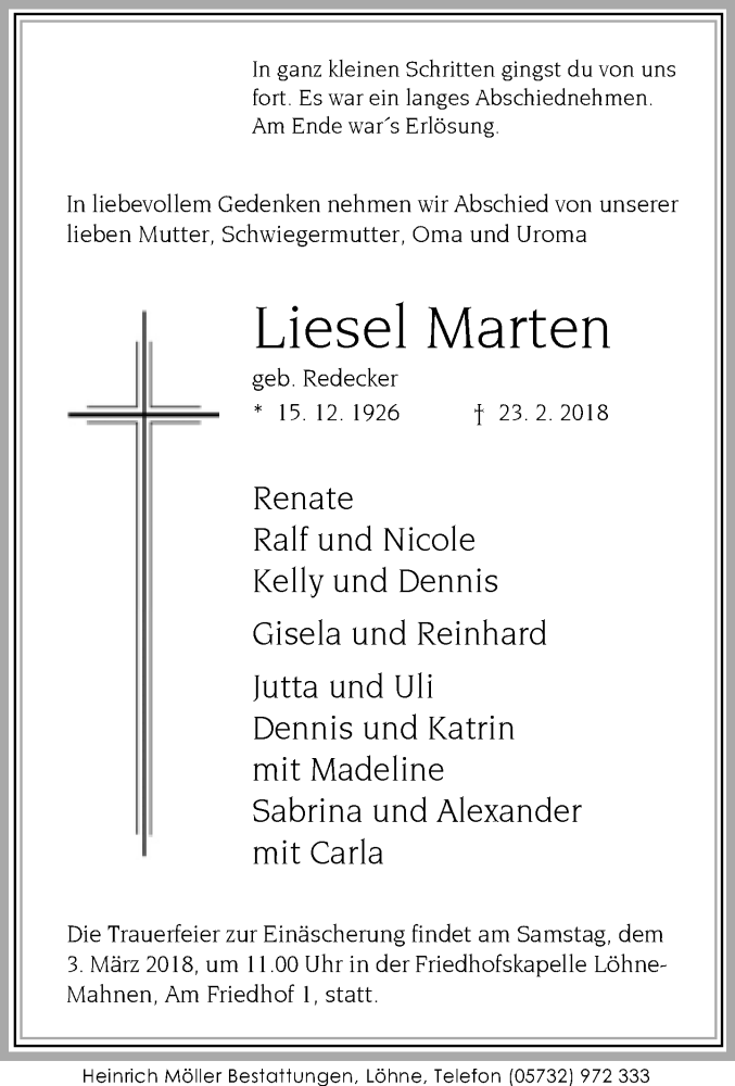  Traueranzeige für Liesel Marten vom 28.02.2018 aus Neue Westfälische