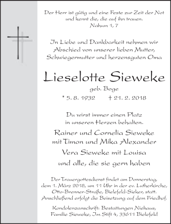 Traueranzeige von Lieselotte Sieweke von Neue Westfälische