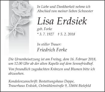 Traueranzeige von Lisa Erdsiek von Neue Westfälische