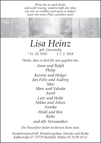 Traueranzeige von Lisa Heinz von Neue Westfälische