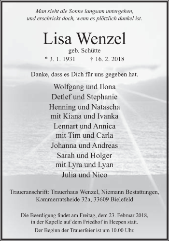Traueranzeige von Lisa Wenzel von Neue Westfälische
