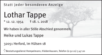 Traueranzeige von Lothar Tappe von Neue Westfälische