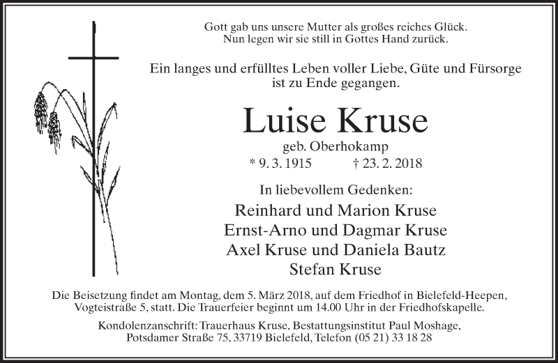  Traueranzeige für Luise Kruse vom 28.02.2018 aus Neue Westfälische