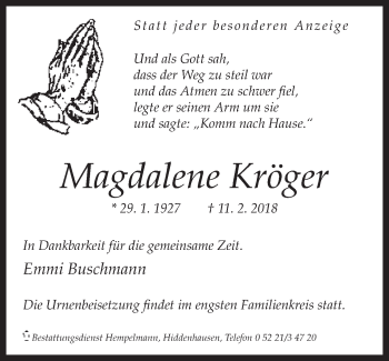 Traueranzeige von Magdalene Kröger von Neue Westfälische