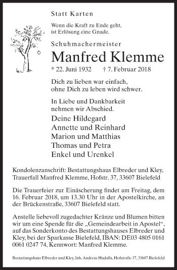 Traueranzeige von Manfred Klemme von Neue Westfälische