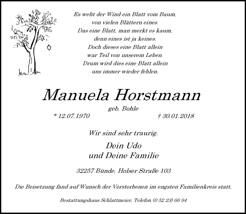  Traueranzeige für Manuela Horstmann vom 10.02.2018 aus Neue Westfälische