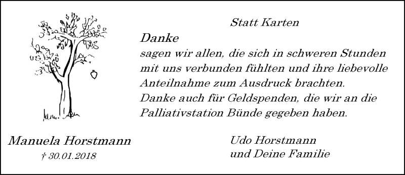  Traueranzeige für Manuela Horstmann vom 24.02.2018 aus Neue Westfälische