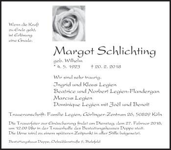 Traueranzeige von Margot Schlichting von Neue Westfälische