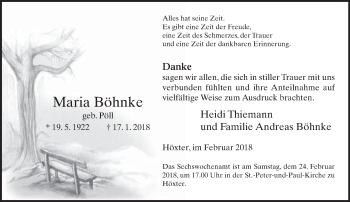Traueranzeige von Maria Böhnke von Neue Westfälische