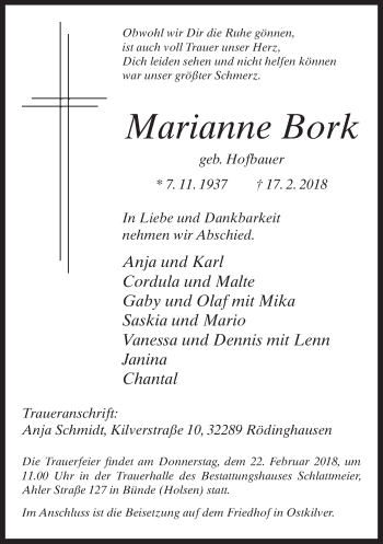 Traueranzeige von Marianne Bork von Neue Westfälische