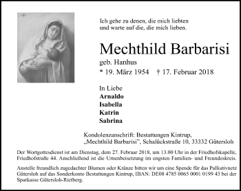 Traueranzeige von Mechthild Barbarisi von Neue Westfälische