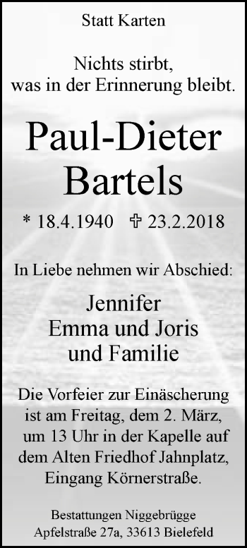 Traueranzeige von Paul-Dieter Bartels von Neue Westfälische