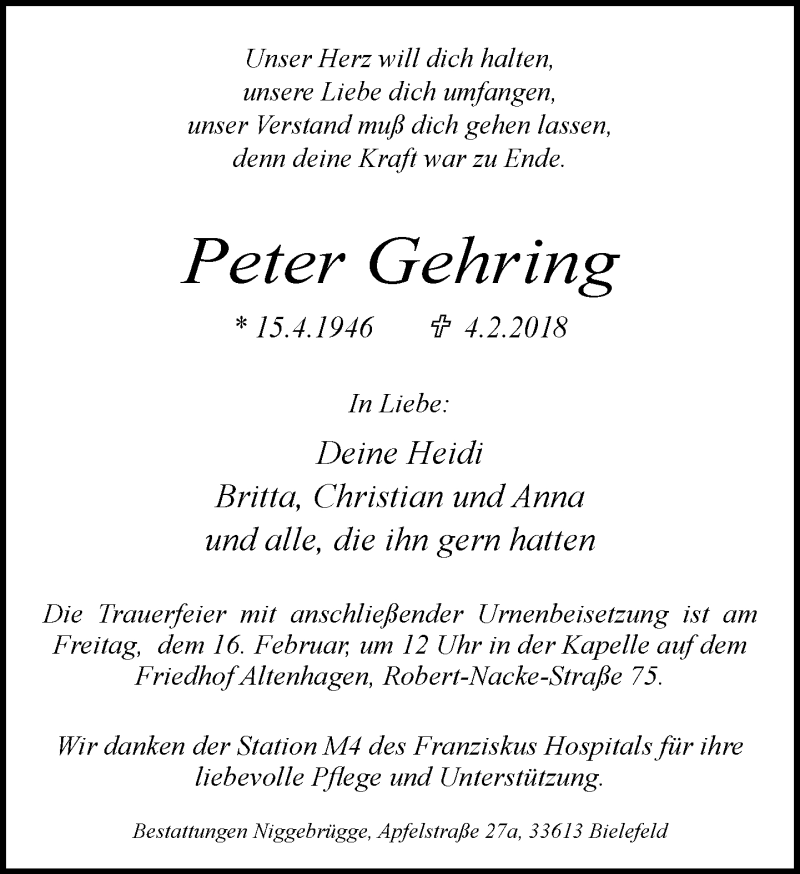  Traueranzeige für Peter Gehring vom 10.02.2018 aus Neue Westfälische