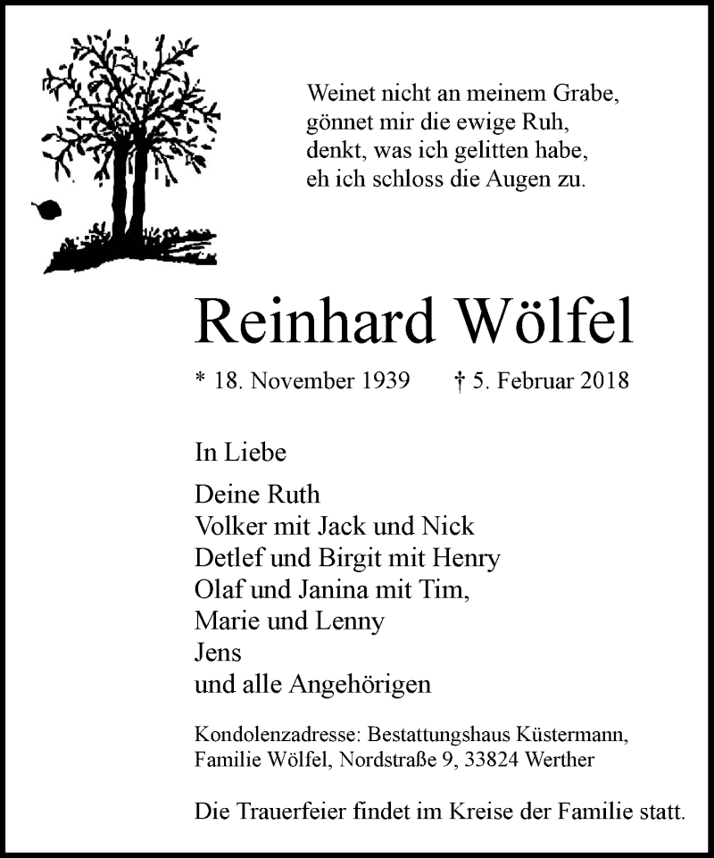  Traueranzeige für Reinhard Wölfel vom 08.02.2018 aus Neue Westfälische