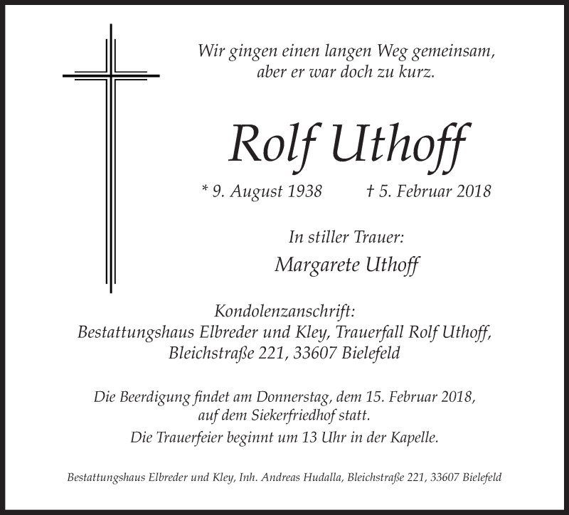  Traueranzeige für Rolf Uthoff vom 10.02.2018 aus Neue Westfälische