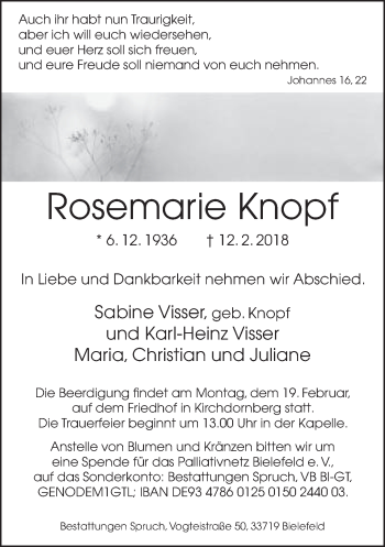 Traueranzeige von Rosemarie Knopf von Neue Westfälische