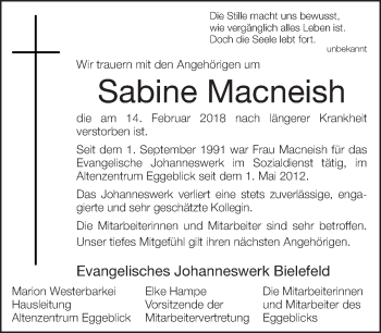 Traueranzeige von Sabine Macneish von Neue Westfälische