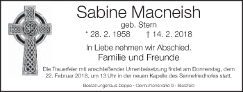 Traueranzeige von Sabine Macneish von Neue Westfälische