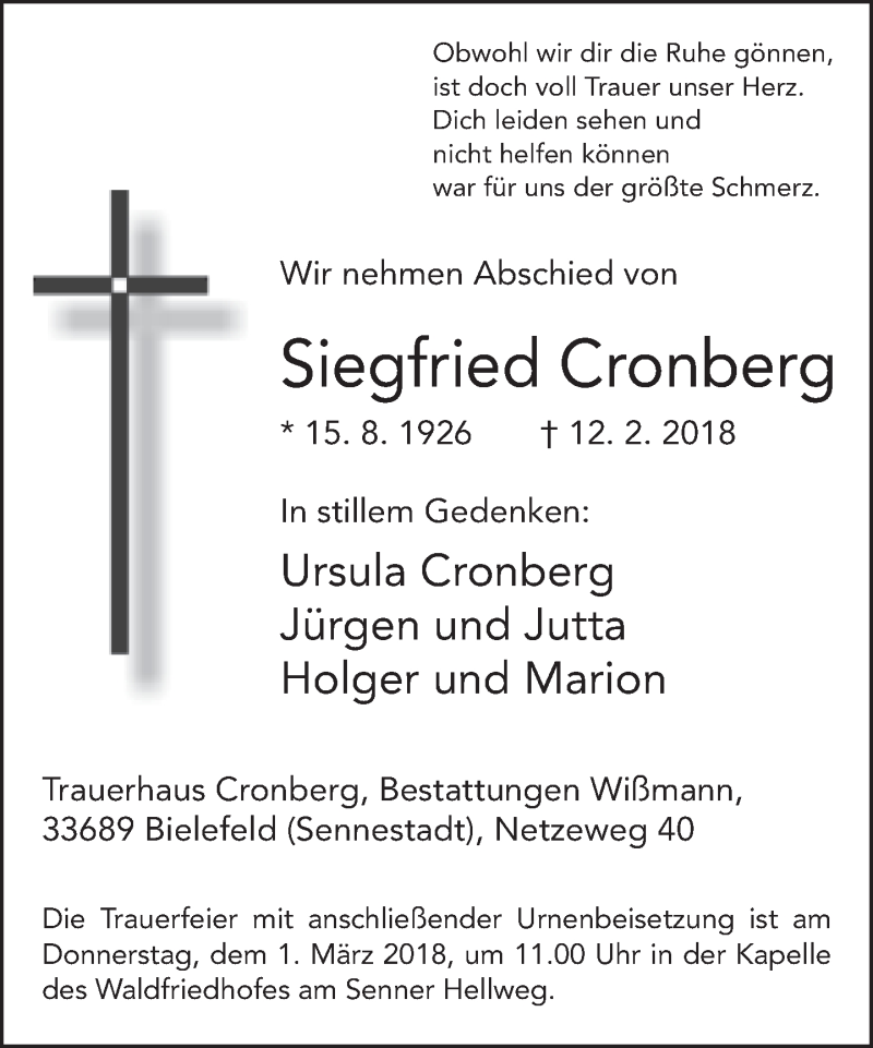  Traueranzeige für Siegfried Cronberg vom 17.02.2018 aus Neue Westfälische