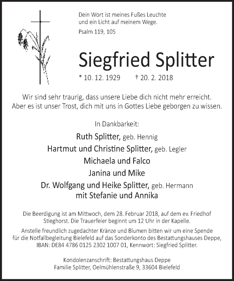  Traueranzeige für Siegfried Splitter vom 24.02.2018 aus Neue Westfälische