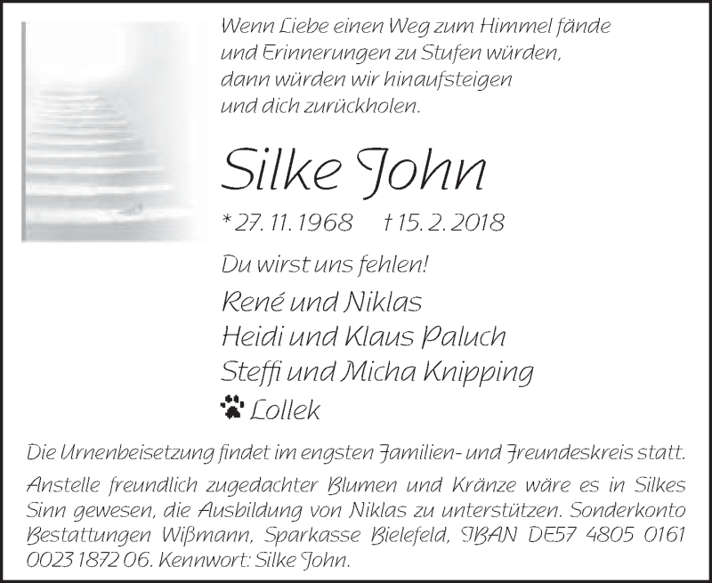  Traueranzeige für Silke John vom 24.02.2018 aus Neue Westfälische