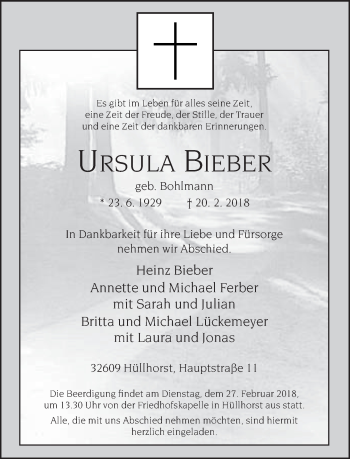 Traueranzeige von Ursula Bieber von Neue Westfälische