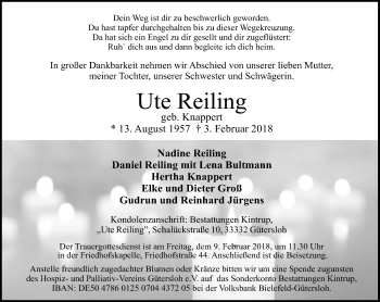 Traueranzeige von Ute Reiling von Neue Westfälische