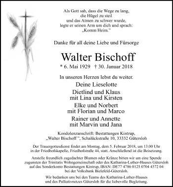 Traueranzeige von Walter Bischoff von Neue Westfälische