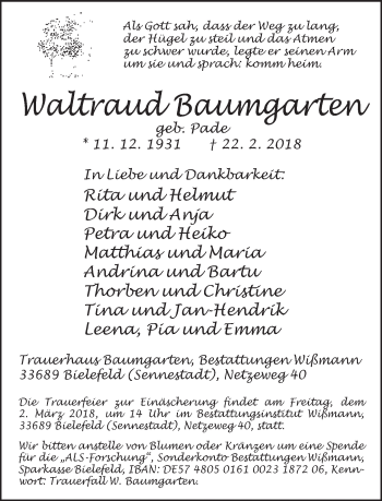 Traueranzeige von Waltraud Baumgarten von Neue Westfälische