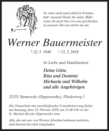 Traueranzeige von Werner Bauermeister von Neue Westfälische