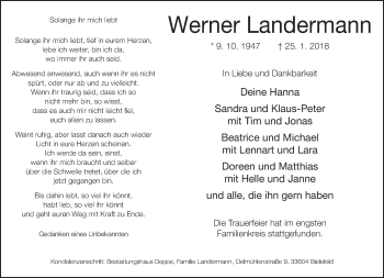 Traueranzeige von Werner Landermann von Neue Westfälische