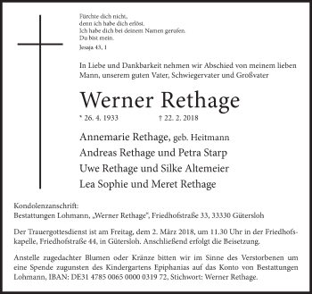 Traueranzeige von Werner Rethage von Neue Westfälische