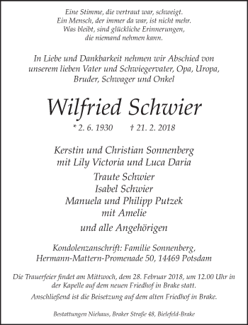 Traueranzeige von Wilfried Schwier von Neue Westfälische