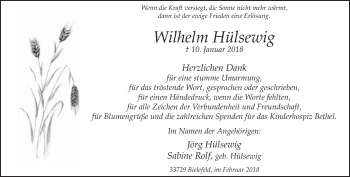 Traueranzeige von Wilhelm Hülsewig von Neue Westfälische