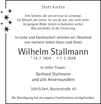 Traueranzeige von Wilhelm Stallmann von Neue Westfälische