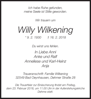 Traueranzeige von Willy Wilkening von Neue Westfälische
