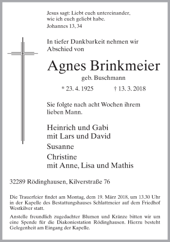Traueranzeige von Agnes Brinkmeier von Neue Westfälische
