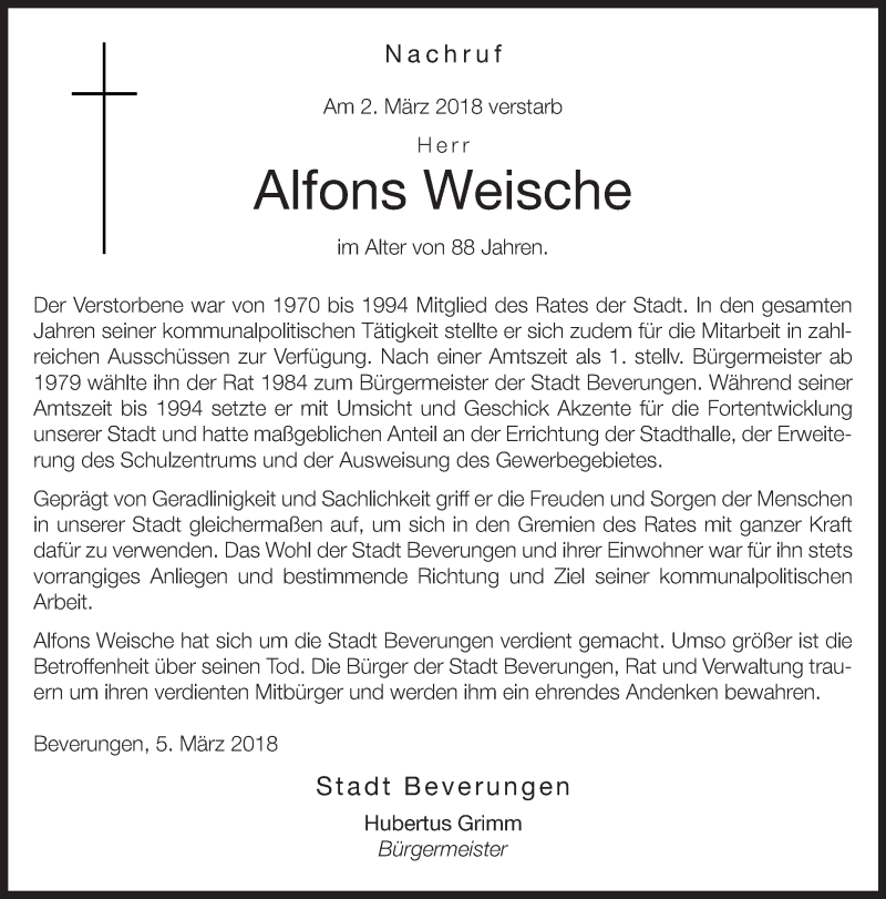  Traueranzeige für Alfons Weische vom 07.03.2018 aus Neue Westfälische